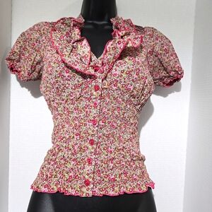 Max Rave Women's Y2k  Retro Floral Smocked Waist Top Cottagecore Size Xsmall